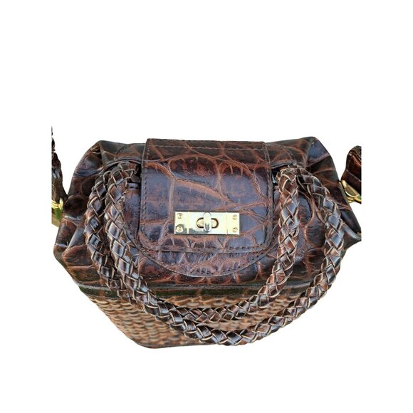 Vintage 1980s Warren Reed Brown Woven & Croc Embossed Shoulder Bag Purse - Picture 4 of 8